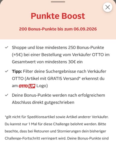 Otto Challenge 250 Punkte (5€) einlösen und 200 Punkte Cashback (personalisiert) - OTTO