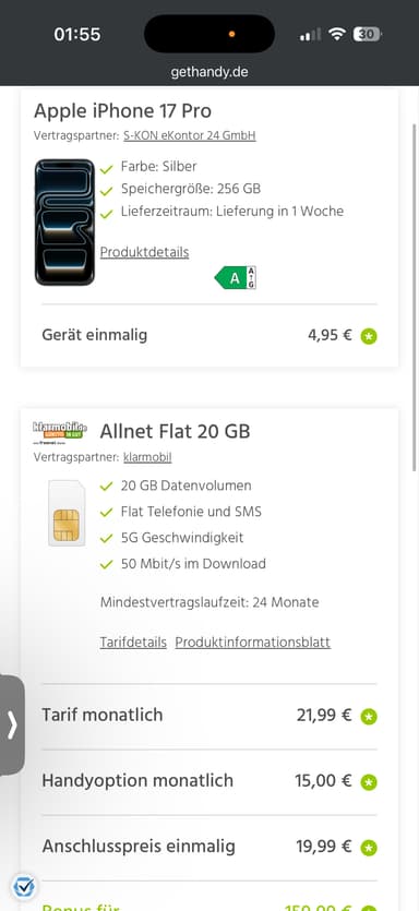 [CB] iPhone 17 Pro 256GB im Vertrag für 762,70€ mit Rufnummermitnahme | Allnet Flat 20GB | 50Mbit/s - Gethandy