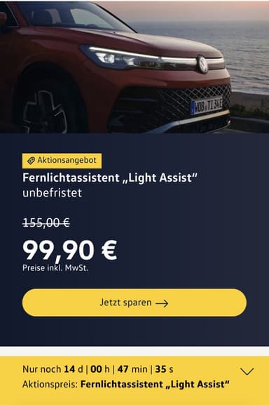VW „Light Assist“ – Fernlichtassistent für 99,90 € statt 155 € (unbefristet) - Volkswagen