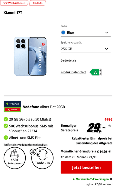 Gewinn, Vodafone Netz: Xiaomi 17T 256GB im Freenet Allnet/SMS Flat 20GB 5G für 14,99€/Monat & 29€ inkl. Trade in Rabatt, 50€ Wechselbonus - Media Markt Tarifwelt