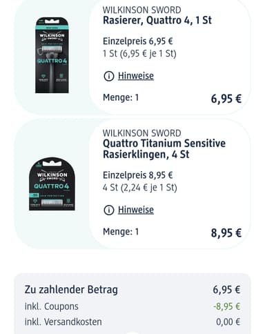WILKINSON SWORD Rasierer Quattro 4+4 Titanium Sensitive Rasierklingen oder Hydro 5 Rasierer + 4 Ultimate Klingen für 9,45€[ggf. Preisfehler] - Dm