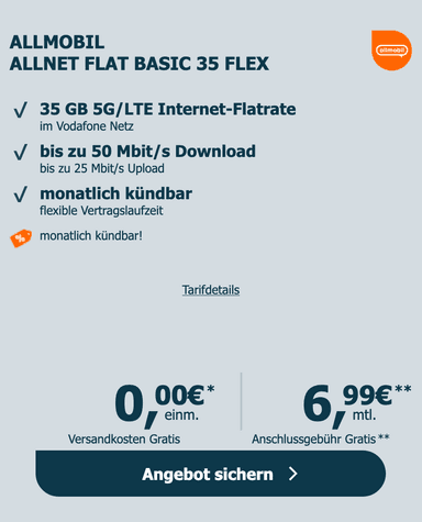 Vodafone Netz, Sim Only: Allmobil Allnet/SMS Flat 35GB 5G für dauerhaft 6,99€/Monat & 15€ Amazon, monatlich kündbar, keine Anschlussgebühr - LogiTel