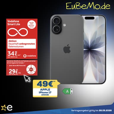 Gewinn, Lokal, Vodafone Netz, GigaKombi: Apple iPhone 17 Allnet/SMS Flat Unlimited 5G 29,99€/Monat & 49€, 100€ Wechselbonus | +120€ ohne GK - Berlet