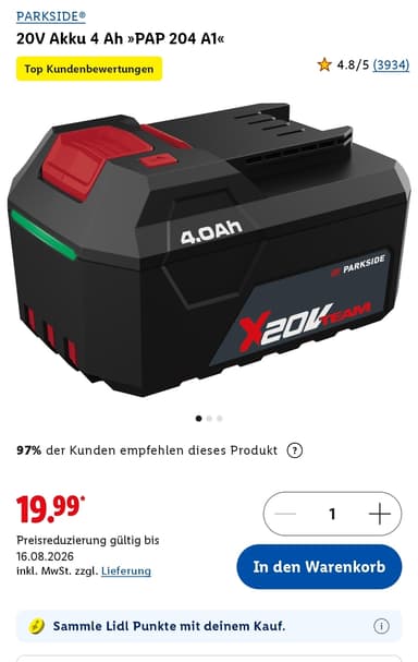 PARKSIDE 20V Akku 4 Ah »PAP 204 A1« für 19,95 + Versand - Lidl