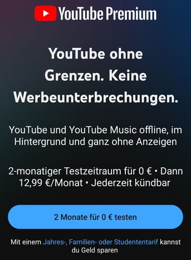 YouTube Premium 1-2 Monate kostenlos testen statt 12,99€/Monat (Personalisiert) - YouTube