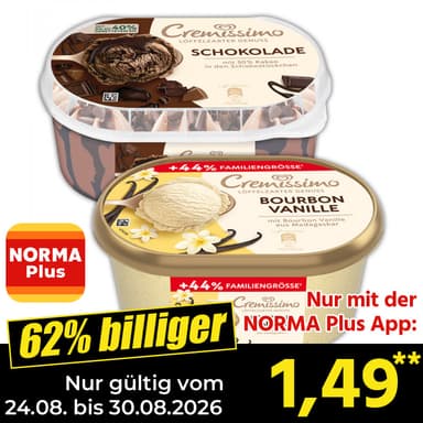 [Norma App} Langnese Cremissimo, verschiedene Sorten, je 825 bis 1300 ml, nur 1,49 € (ohne App 1,79 €) - 1 L = 1,15 / 1,81 € (App) - NORMA
