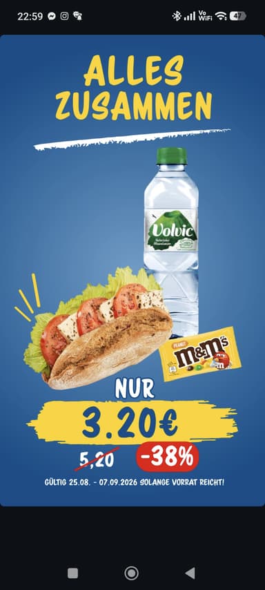 yormas Aktion "Flotter 3er": Mozzarella-Rustika-Brötchen, Volvic & Peanut M&M’s