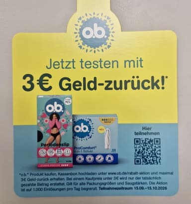 o.b. GzG / Teil-GzG 3€ Tampons Gratis Testen Geld zurück Damen Hygiene & Periode dm budni Müller Rossmann ab 15.09. - O.b.