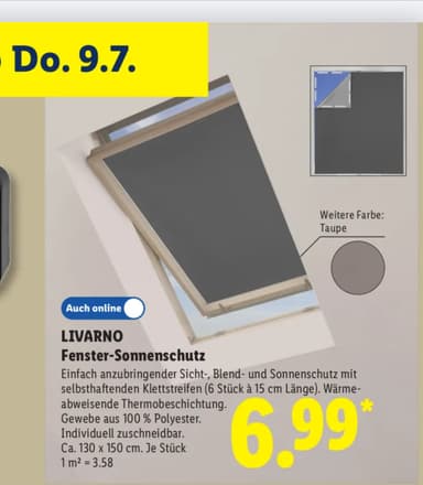 [Lidl] LIVARNO Fenster-Sonnenschutz ab dem 09.07.2026 für 6,99€ Farbe Grau oder Taupe - Lidl