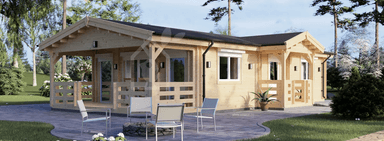 [Pineca Aktion] Gartenhäuser & Holzhäuser Sale | B-Ware: Blockbohlenhaus mit Terrasse DONNA S (Extra Isoliert, 44+44 mm), 63 m² + 11.5 m²