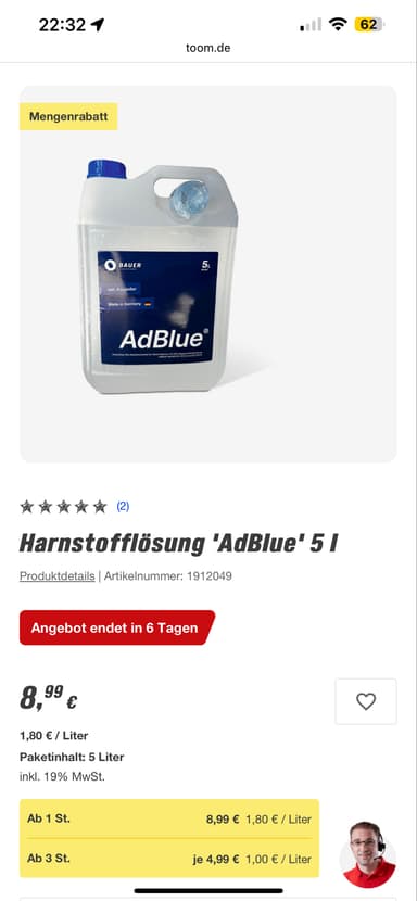 Harnstofflösung 'AdBlue' 5 l ab 3 Stk je 4,99€ - Toom