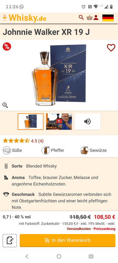 Johnnie Walker XR 19 Jahre 40.0% 0,7l Blended Scotch Whisky - Whisky