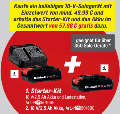 Toom/Einhell - 2 Gratis Akkus + Ladegerät beim Kauf von Solo Geräten ab 49,99€ - Toom