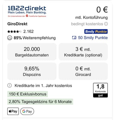 [1822direkt + Tarifcheck] 190€ Prämie für Girokonto,0€ bei 700€/M Geldeingang, 25€ Prämie Kreditkarte,2,8% p.a. Tagesgeld 6 Monate,Neukunden - Tarifcheck