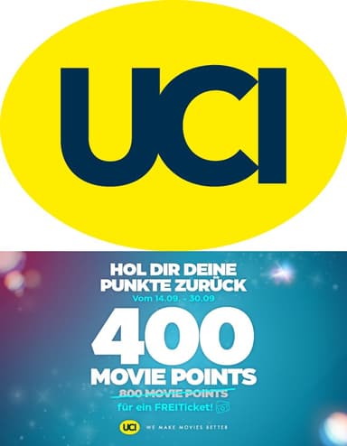 UCI Movie Points September: 50% der eingelösten Punkte zurück | z.B. Standard 2D-Ticket 400 Punkte statt 800 Punkte - UCI