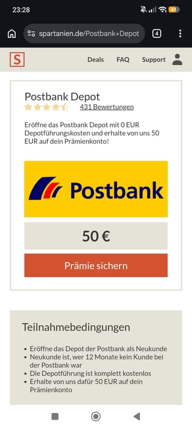 50€ für die Depoteröffnung bei der Postbank über Spartanien - Spartanien