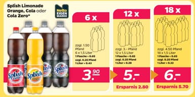 [Netto schwarz] Splish Cola, Cola Zero oder Orangenlimonade 18x1,5 L für 0,22 €/L - Netto