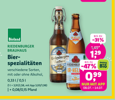 [Denns App] Riedenburger Brauhaus verschiedene Sorten 0,33 L oder 0,5 L, Bio Bier, - Denns Biomarkt
