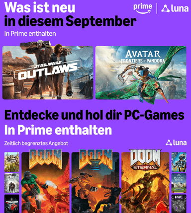 [Prime] September 2026 – 11 kostenlose PC-Spiele: DOOM Eternal, DOOM I + II, High on Life usw. + Luna: Star Wars Outlaws, Avatar FOP usw. - Amazon