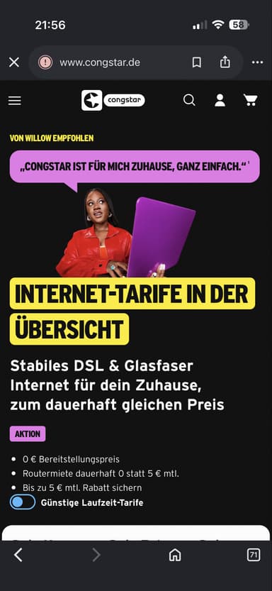 Congstar Glasfaser Tarife reduziert statt Bonus - Congstar