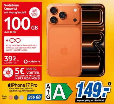 [57€ Gewinn] Lokal NRW, GK & Young: Apple iPhone 17 Pro mit Allnet-Flat 100GB & Unlimited on Demand für 34,99€/M. & 149€ | +120€ ohne GK - Expert