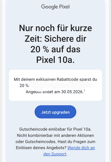 Google Pixel 10a 20% Gutschein per E-Mail personalisiert - Google Store