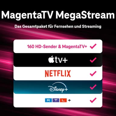 Telekom MagentaTV MegaStream für eff. 20€ mtl. I 60€ Cashback I 6 Monate 0€ I inkl. Apple TV+, Disney+, Netflix & RTL+ Premium - LogiTel