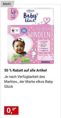 Marktkauf/Edeka - 50 % Rabatt auf alle Artikel der Marke elkos Baby Glück (z.B. Windeln Größe 4 für 2,67 €) + G&G Tomatenmark gratis per App - Marktkauf