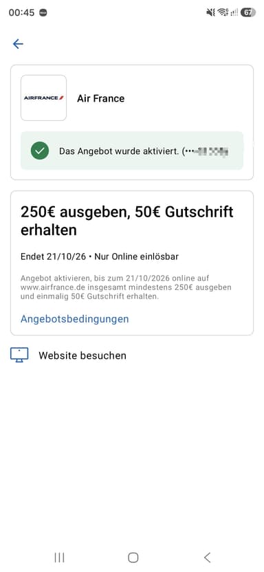 [AMEX OFFERS] Air France, 250 Eur ausgeben 50 Eur Gutschrift erhalten. [personalisiert] - Air France
