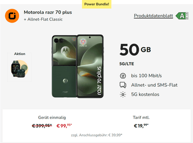 Gewinn | -217€ vs. Idealo | Vodafone Netz: Motorola Razr 70 Plus & Buds & Watch & Tag im Otelo Allnet/SMS Flat 50GB 5G 19,99€/Monat & 99,95€ - Sparhandy