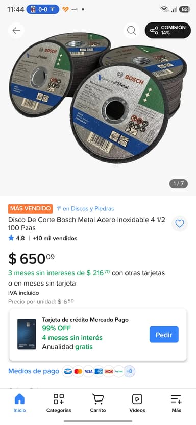 Mercado Libre: Disco De Corte Bosch Acero Inoxidable 100 Pzas (6.5 mxn la pieza) - Mercado Libre