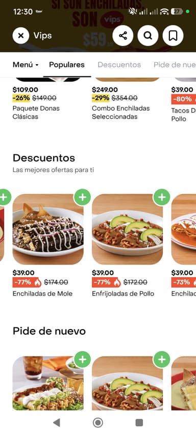Rappi VIPS enchiladas y enfrijoladas en $39 - Vips