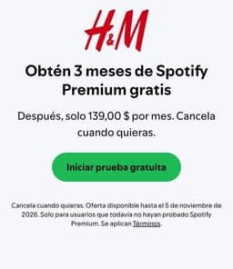 3 meses de Spotify Premium Individual con H&M