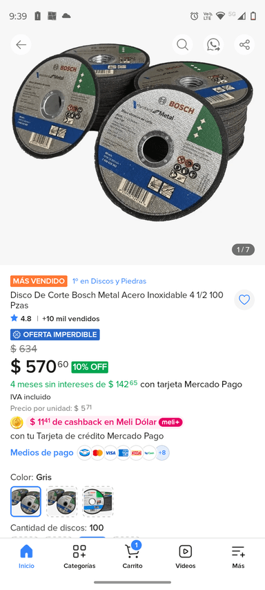 Mercado libre: discos de corte 4 1/2 Bosch 100 pzas - Mercado Libre