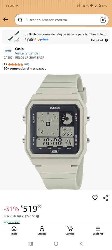 Amazon: Reloj Casio LF-20W-8ACF | Resistencia al agua - Amazon
