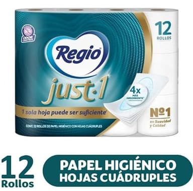 Amazon: Regio Just 1, Hojas Cuádruples 50% Mas Gruesas, 12 Rollos │$130 c/u comprando 2, $110 c/u comprando 10│Planea y Ahorra│ - Amazon