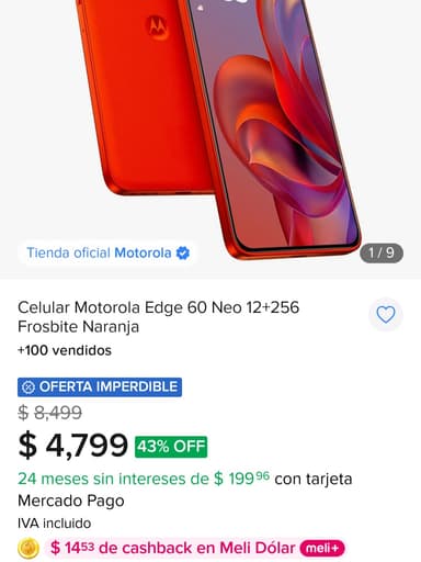 Mercado Libre: Celular Motorola Edge 60 Neo | 12GB + 256GB | Frosbite / Latte | con AMEX - Mercado Libre