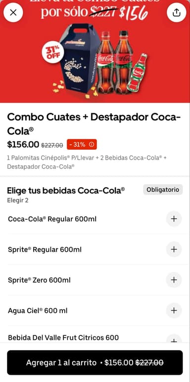 Uber eats: combo cuates + destapador coca cola - Uber Eats
