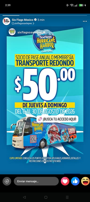Six flags Oaxtepec: transporte redondo en CDMX y Edomex por 50$ (pase anual)