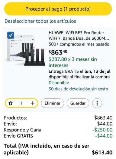 Amazon: HUAWEI WiFi BE3 Pro Router WiFi 7, Banda Dual de 3600Mbps, Antena Inteligente, 2x2,5GE+2xGE - Amazon