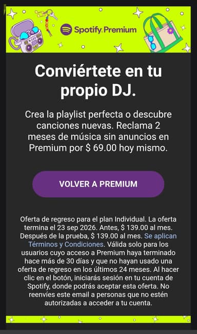 Spotify: 2 meses de Spotify Premium (solo usuarios sin acceso a premium mínimo de 30 días) - Spotify