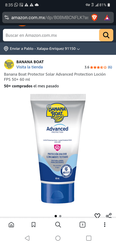 Amazon: Banana Boat Protector Solar Advanced Protection Loción FPS 50+ 60 ml - Amazon