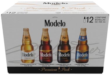 Amazon: Cerveza Modelo Premium Pack 12 Botellas de 355ml, con Modelo Especial, Ámbar, Negra y Trigo - Amazon