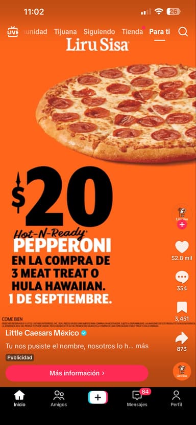 Little Caesars: Liru sisa: pizza de peperoni a $20 peso en la compra de hula hawaina o 3 meat treat - Little Caesars