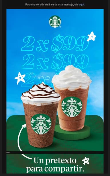 Starbucks Rewards: 2 bebidas tamaño Alto por $99 (9-10 y 16-17 de Julio) - Starbucks