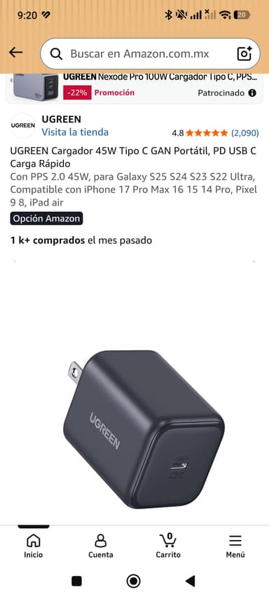 Amazon: Cargador ugreen 45W - Amazon