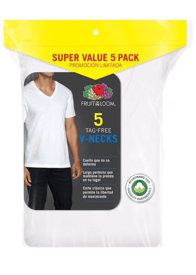 Walmart: Playera Interior Cuello V Fruit Of The Loom, Hombre, 5 Piezas Blanco, Todas las tallas. - Walmart