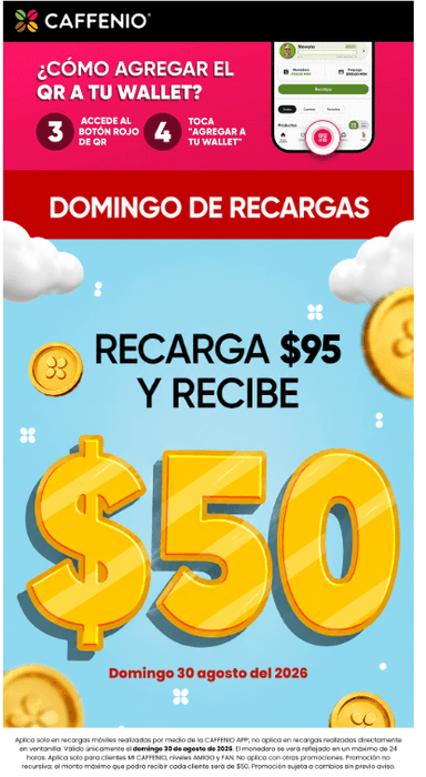 Caffenio: Recarga $95 y Recibe $50 más en monedero - Caffenio