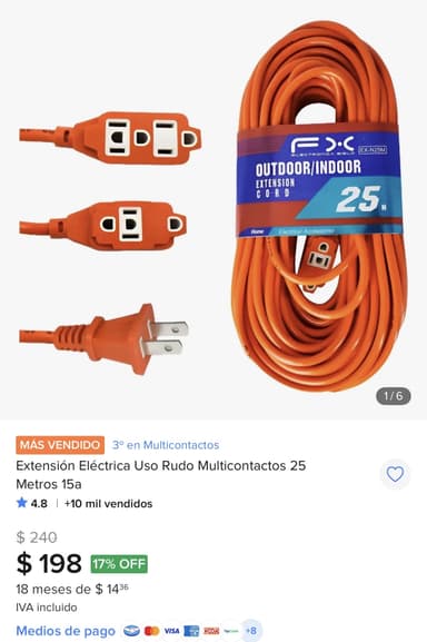 Mercado Libre: Extensión Eléctrica Uso Rudo Multicontactos 25 metros 15a - Mercado Libre