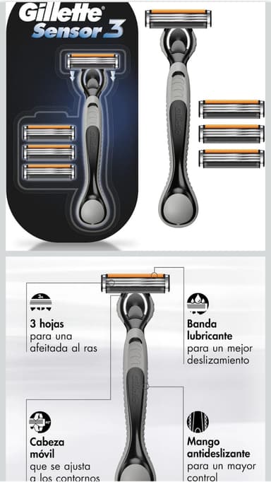 Amazon: GILLETTE Sensor3, Rastrillo para Afeitar Reutilizable, 1 Mango + 4 Cartuchos con 3 Hojas para la Barba, Rasurada al Ras,para Hombre - Amazon